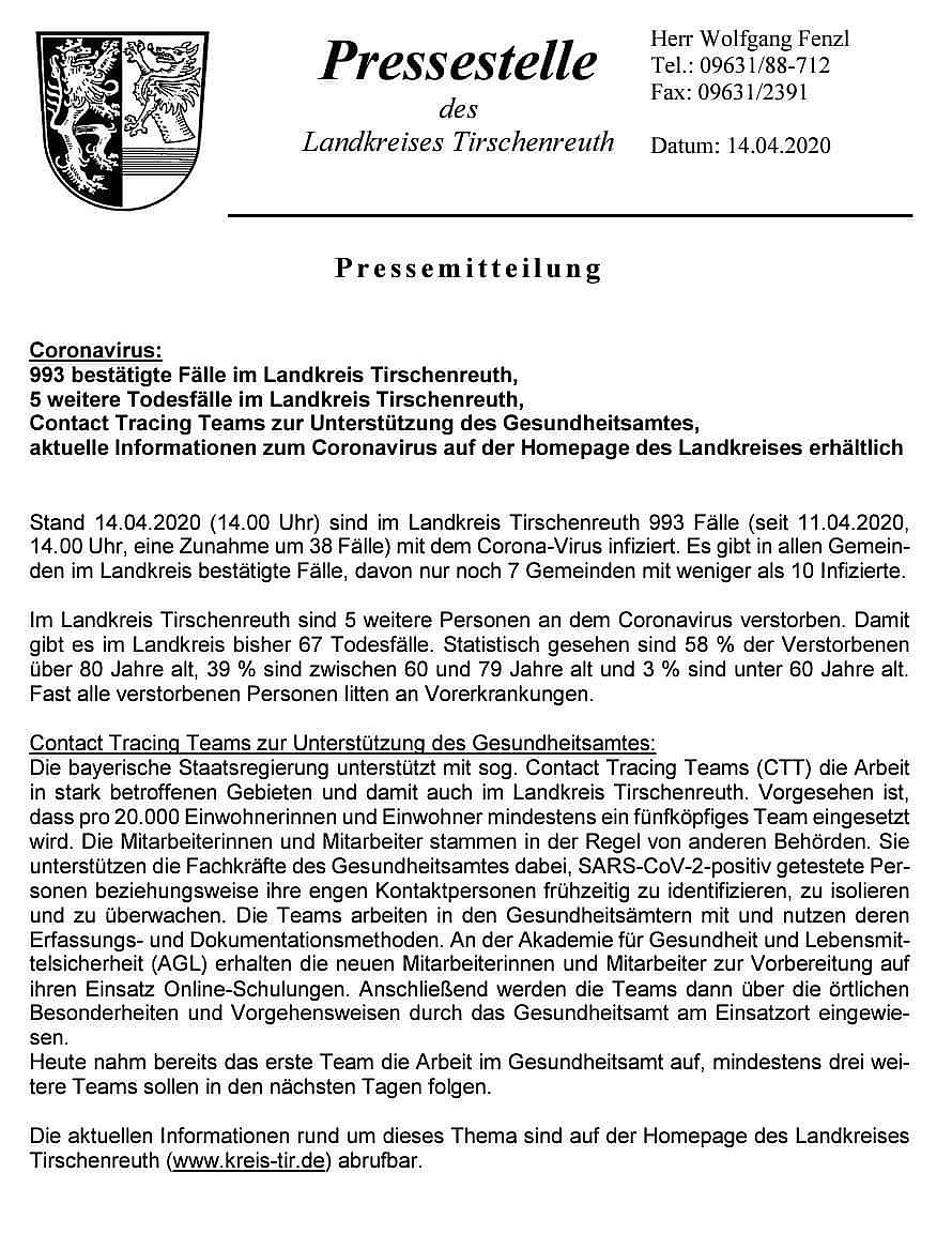Foto: Martin Zehrer - Pressemitteilung der Pressestelle des Landkreises Tirschenreuth vom 14. April 2020 - 14:00Uhr.<br />
<br />
Betrifft Corona-Pandemie im Landkreis Tirschenreuth...<br />
<br />
 