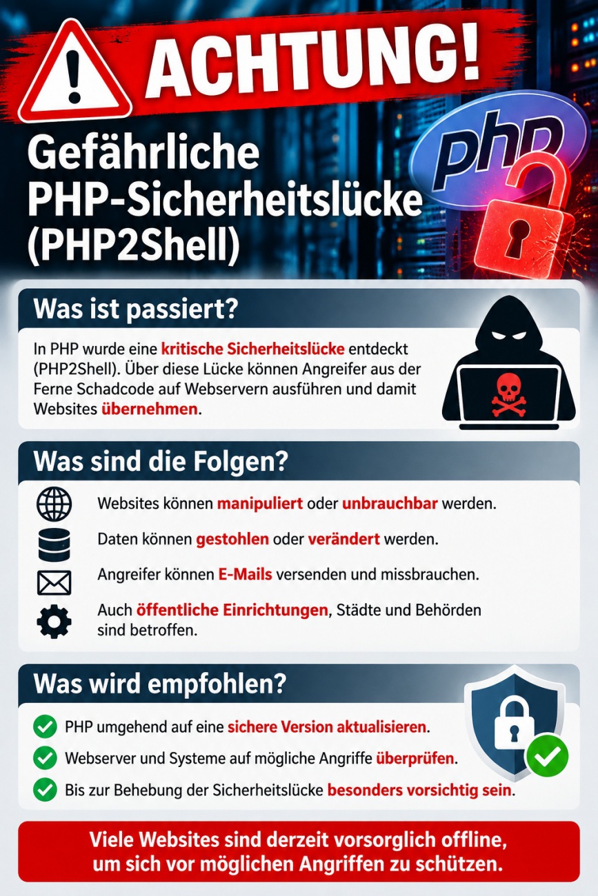 Achtung: Kritische PHP-Sicherheitslücke!

Eine schwerwiegende Sicherheitslücke in der weitverbreiteten Programmiersprache PHP könnte es Hackern ermöglichen, Websites zu manipulieren, Daten zu stehlen oder ganze Webserver anzugreifen.

Aus Sicherheitsgründen können betroffene Internetseiten vorübergehend abgeschaltet werden.

Website-Betreiber sollten dringend ihre PHP-Version überprüfen und verfügbare Sicherheitsupdates installieren.

Bild und Text mit KI erstellt...