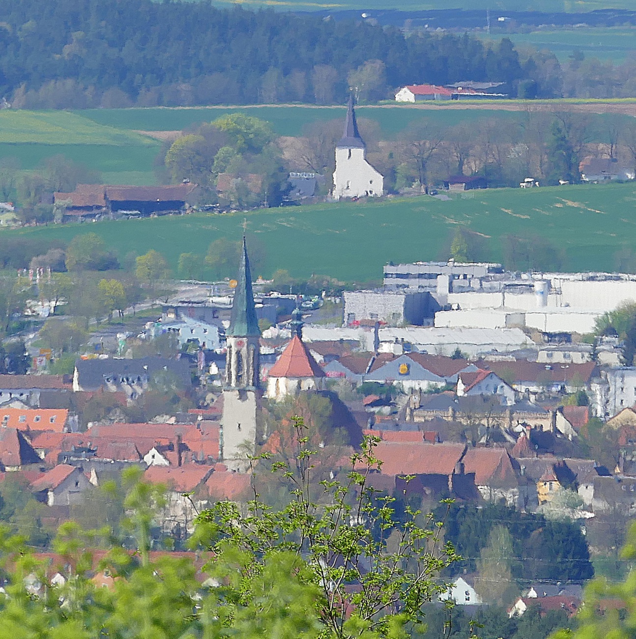 Foto: Martin Zehrer - Der Blick von Godas auf <br />
 Kemnath. <br />
Es sind drei Kirchen in einer Flucht zu erkennen. <br />
Die Luft flirrt in der Frühlings-Sonne. 