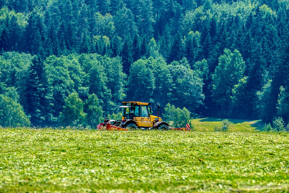 Foto: Martin Zehrer - Ein Bauer mäht seine Wiese am Fuße des Armesbergs in Richtung Steinwald. Im Bildhintergrund sind die unzähligen Bäume des Steinwaldes zu erkennen. Das Bild wurde am 5. Ju 