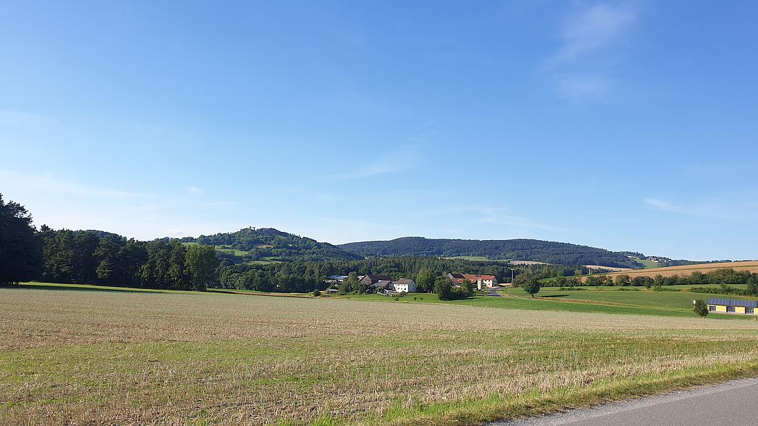 Foto: Martin Zehrer - Der Hügel ist der Schloßberg Waldeck und im rechten Bildrand ist eine Schreinerei von Atzmannsberg zu erkennen..  