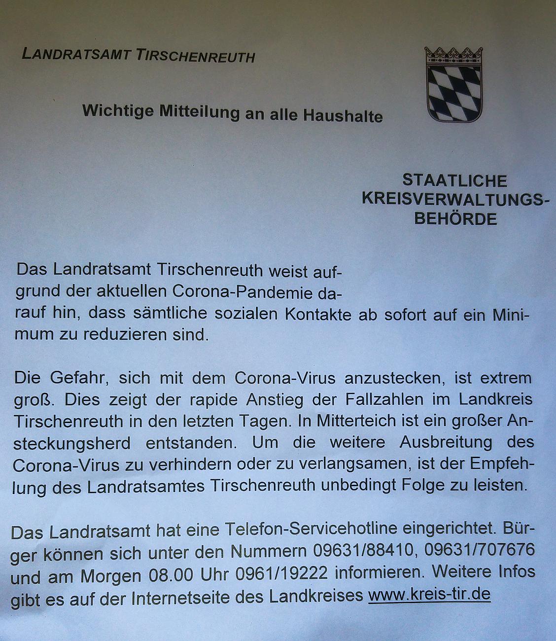 Foto: Martin Zehrer - Wichtiger Hinweis vom Landratsamt Tirschenreuth bezüglich Corona Pandemie vom April 2020 