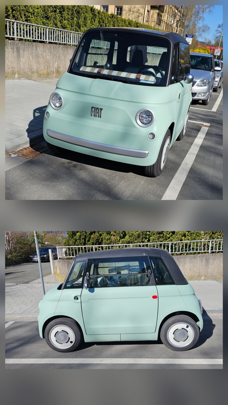 Das ist ein Fiat Topolino.

Kurz erklärt:

Ein elektrisches Kleinstfahrzeug (Microcar)

Gehört zur gleichen Kategorie wie z. B. der Citroën Ami

Entwickelt für Stadtverkehr und kurze Strecken


Typische Merkmale:

Sehr kompakt (fast "rollender Würfel“)

Meist max. ~45 km/h ... oft als Leichtfahrzeug eingestuft

Kann in vielen Ländern schon mit AM-Führerschein gefahren werden

Minimalistisches Design – Fokus auf Einfachheit und Effizienz


Das Modell auf deinem Bild ist die neuere Version mit dem retro-inspirierten Look (der Name ..Topolino“ stammt ursprünglich von einem klassischen Fiat aus den 1930ern).

Wenn du willst, kann ich dir sagen, wie viel der kostet oder ob man ihn in Deutschland fahren darf.