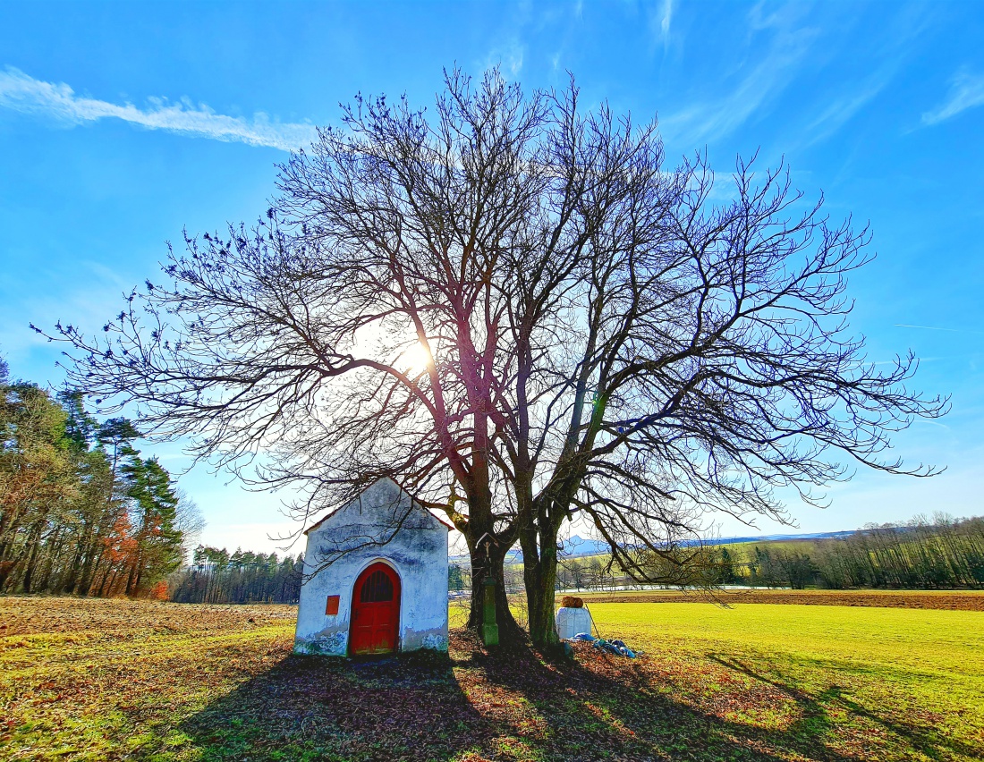 Foto: Jennifer Müller - Die Kapelle unterhalb des Anzenstein wird von der schon warmen Frühlingssonne wunderbar in Szene gesetzt. 