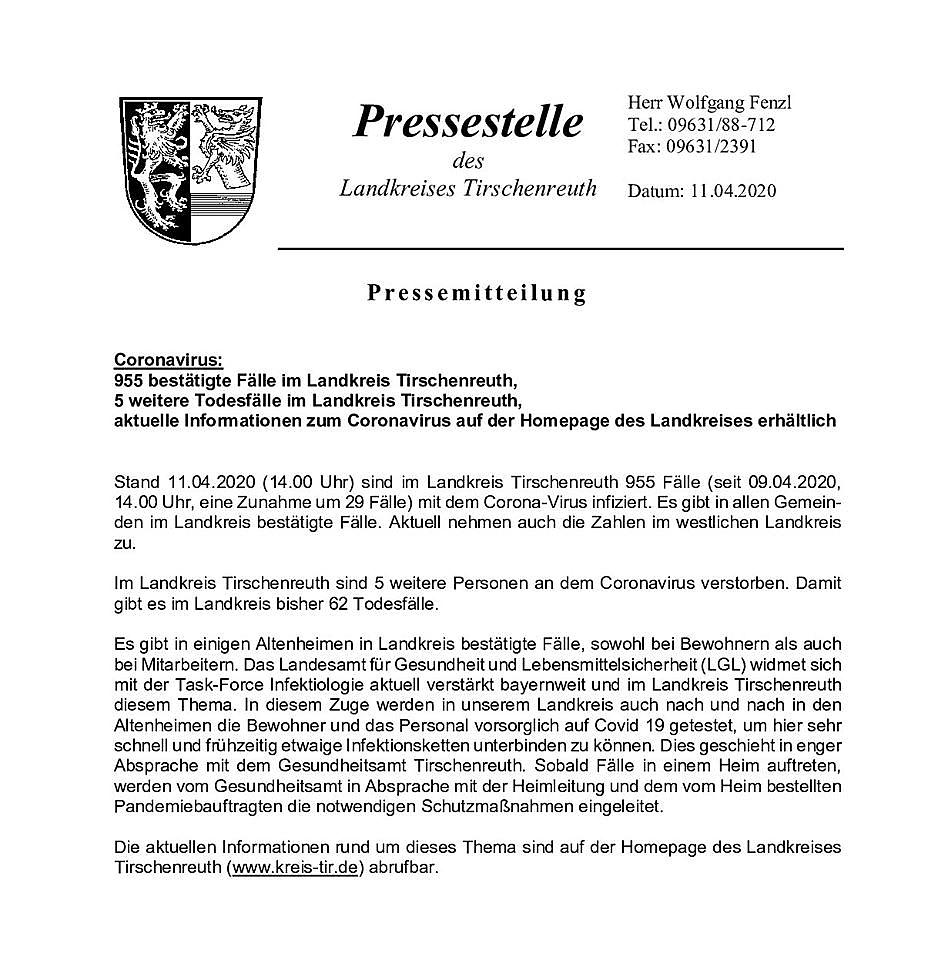 Foto: Martin Zehrer - Pressemitteilung vom Karsamstag, 11. April 2020 - 14:00 Uhr.<br />
<br />
Pressestelle des Landkreises Tirschenreuth<br />
<br />
Pressemitteilung<br />
<br />
Coronavirus:<br />
<br />
955 bestätigte Fälle im  