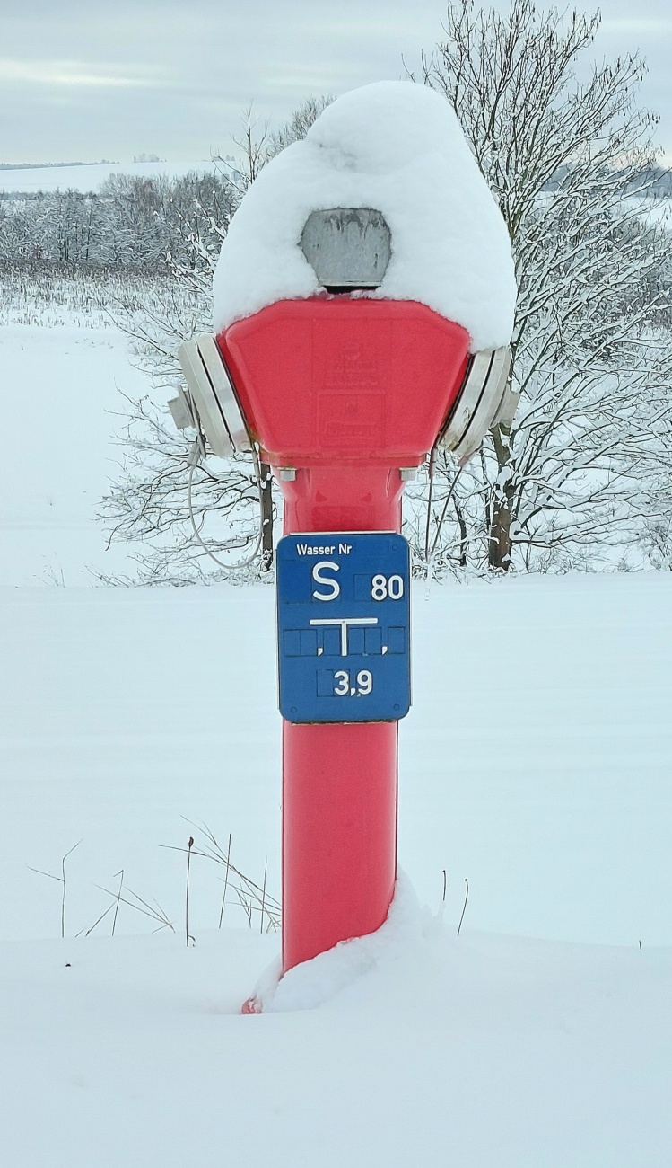 Ein Löschwasser-Hydrant steht da mit einer Schnee-Kappe auf dem Kopf. 