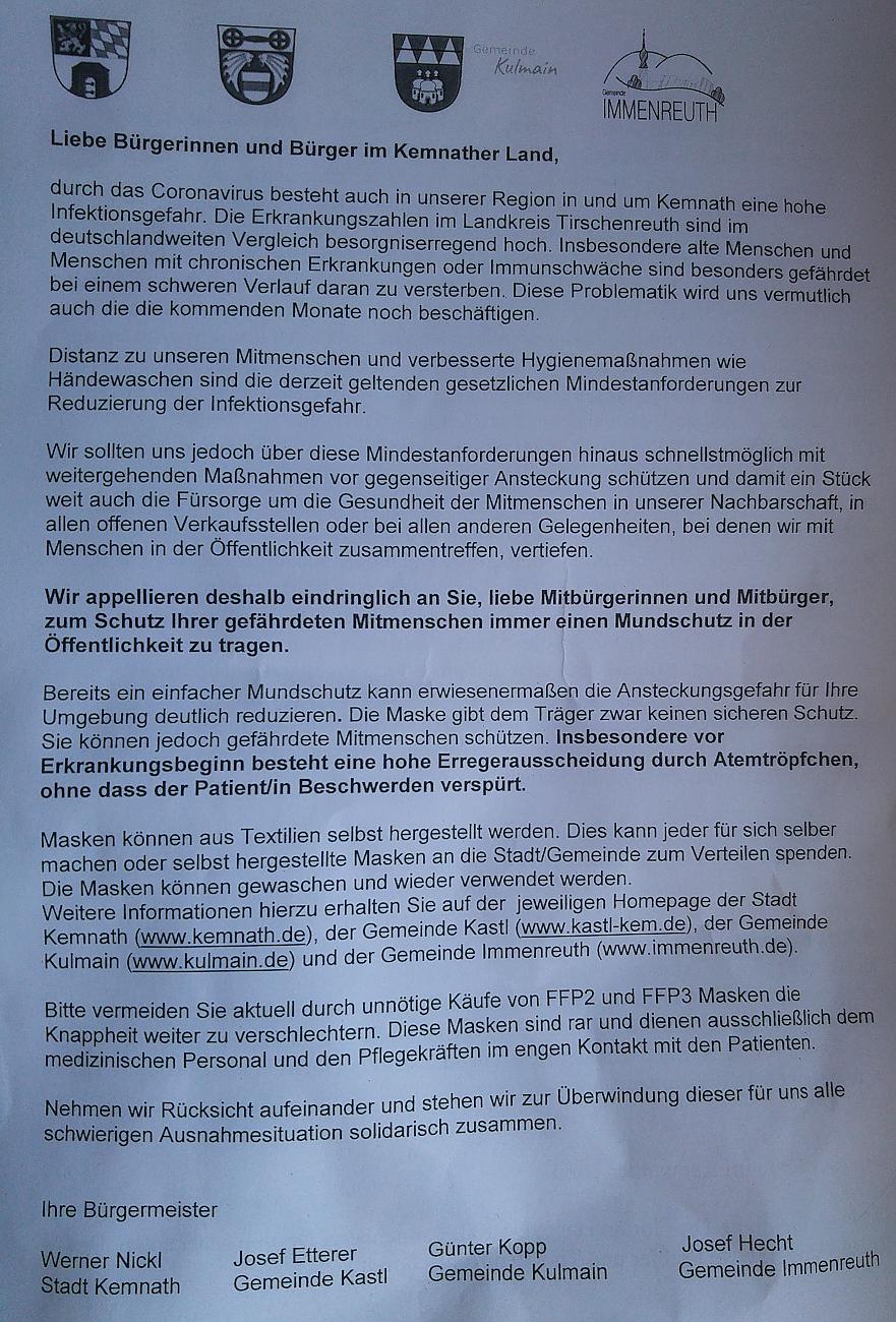 Foto: Martin Zehrer - Wichtige Warnungen und Hinweise durch die Gemeinden bzw. Kemnather Land zum Corona-Virus - Fleyer aus Briefkasten April 2020 