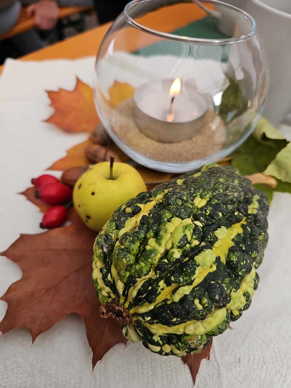 Ein fein gerunzelter Zierkürbis liegt neben einer leuchtend gelben Mini-Kugel, scharlachroten Hagebutten und einem Herbstblatt, eingerahmt von einem flackernden Teelichtglas. Das Arrangement bringt die Farben und Formen des Herbstes zusammen.