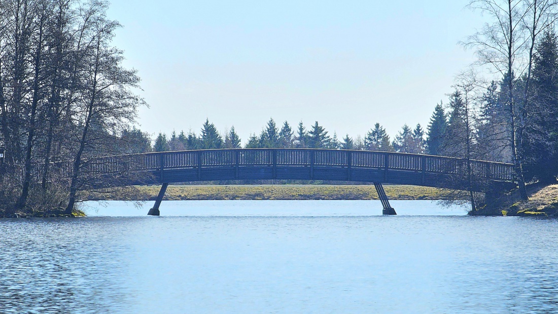 Diese Brücke führt von dem Hotel am Fichtelsee mittig über das Wasser zur anderen Seite.
