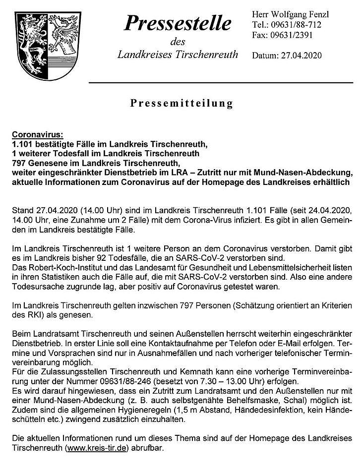 Foto: Martin Zehrer - Pressemitteilung der Pressestelle des Landkreises Tirschenreuth zum Coronavirus.<br />
<br />
Ab heute gilt die Maskenpflicht in bestimmten Situationen... Einkaufen... usw.<br />
<br />
Vom  