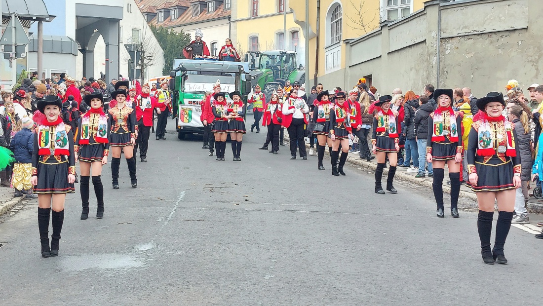 Die Prinzengarde des WCV Waldeck, im Hintergrund der Faschingswagen der Firma Heindl Kamin mit dem Prinzenpaar des WCV Waldeck beim Faschingszug Pressath 2026...