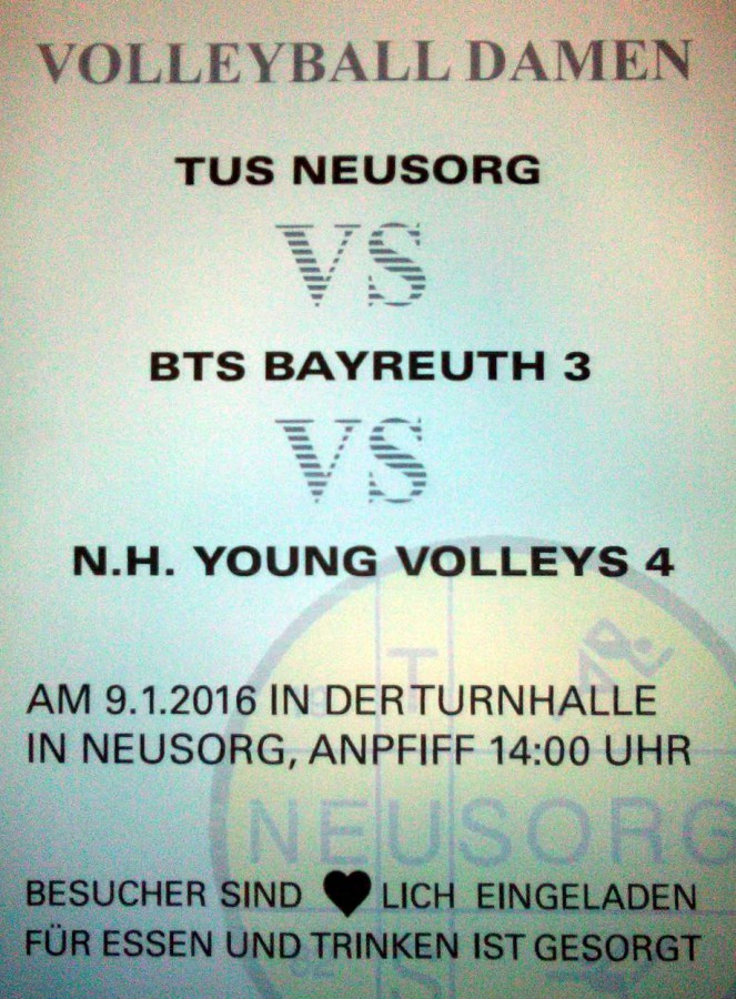 Foto: Repro - Martin Zehrer - Volleyball Damen in Neusorg:<br />
<br />
TUS NEUSORG gegen BTS BAYREUTH 3 gegen N.H.YOUNG VOLLEYS 4<br />
<br />
Am 9.Januar 2016 in der Turnhalle in Neusorg, Anpfiff um 14:00UHR<br />
<br />
Besuche 