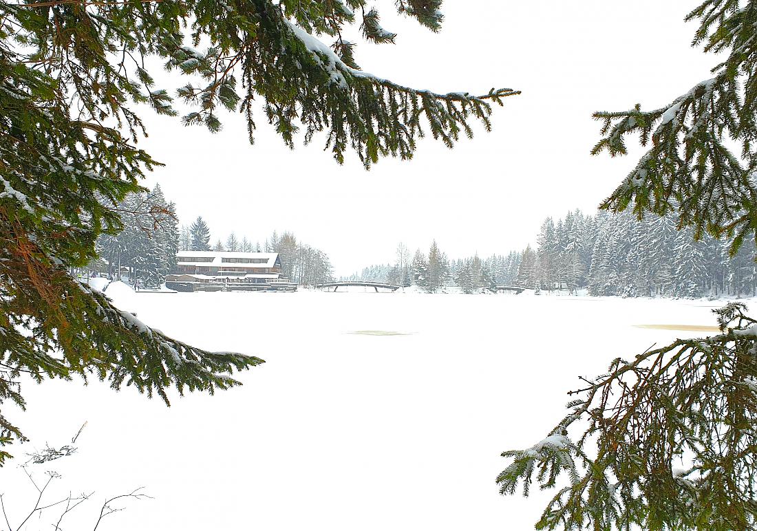 Foto: Martin Zehrer - Der Fichtelsee ist fast zugefroren und mit Schnee bedeckt.<br />
8. Januar 2021 