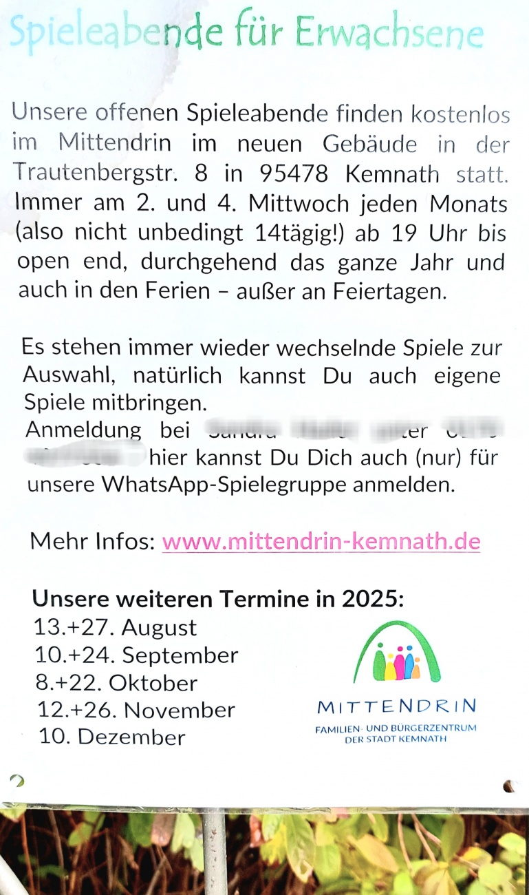 Foto: Martin Zehrer - Spieleabende für Erwachsene<br />
<br />
Unsere offenen Spieleabende finden kostenlos im Mittendrin im neuen Gebäude in der Trautenbergstr. 8 in 95478 Kemnath statt.<br />
<br />
Immer am 2. 